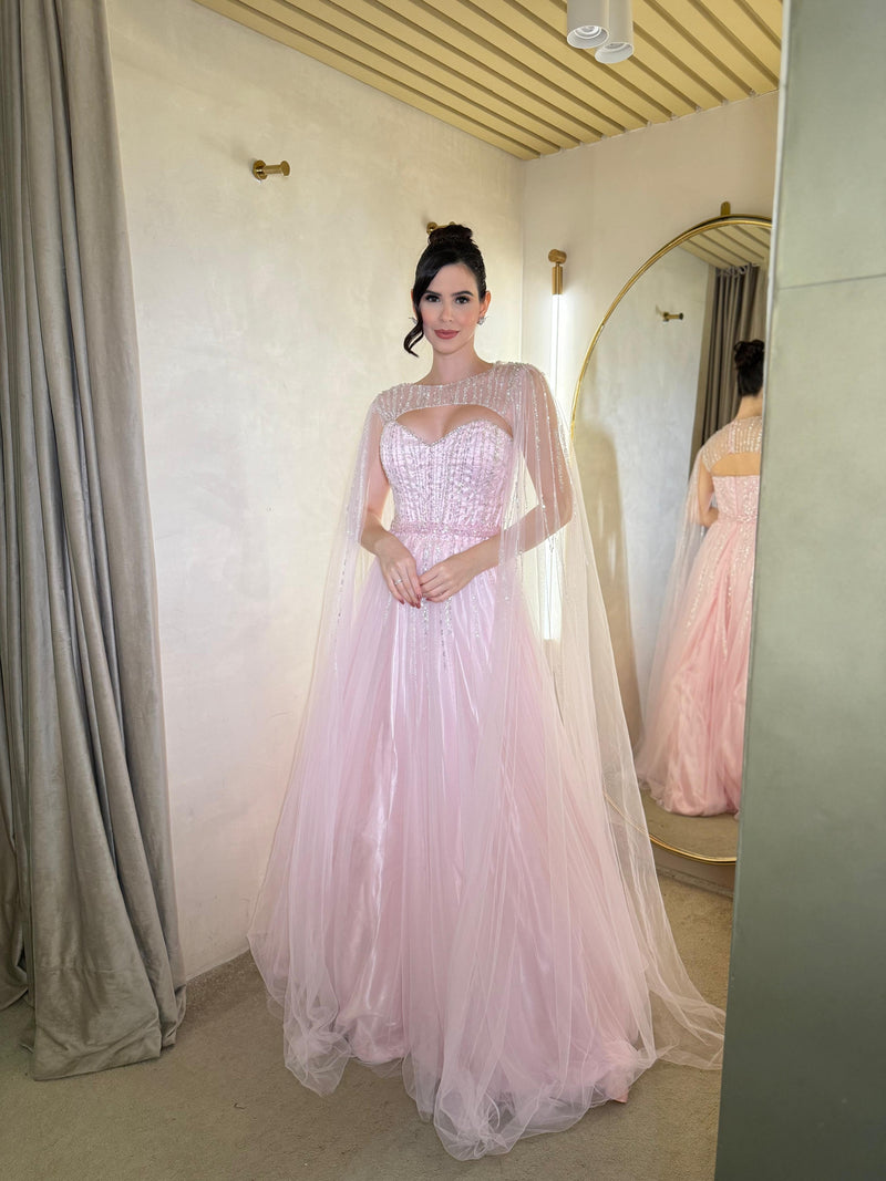 Pink Evening Dress Sweetheart Neck Beaded Tulle Cape Sleeves A Line Formal Prom Dress Ms2607055