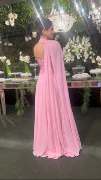 Pink Chiffon Evening Dress Strapless Ruched High Slit A Line Prom Dress Scarf Wedding Guest Dress Ms2607166