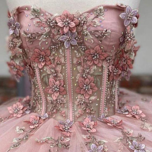 Pink Quinceanera Dress Off Shoulder Corset 3D Flower Lace Appliques Glitter Sweet 16 Gown Ms2605113