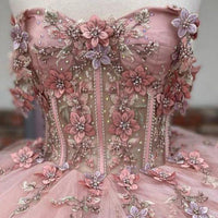Pink Quinceanera Dress Off Shoulder Corset 3D Flower Lace Appliques Glitter Sweet 16 Gown Ms2605113
