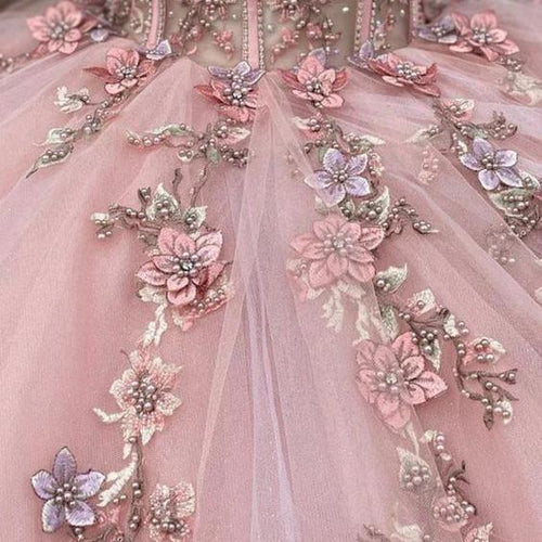 Pink Quinceanera Dress Off Shoulder Corset 3D Flower Lace Appliques Glitter Sweet 16 Gown Ms2605113