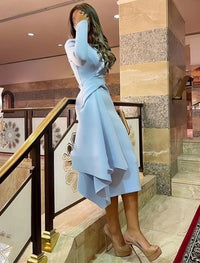 Long Sleeve Formal Dress Asymmetrical Draped Midi Prom Dress Office Cocktail Dress Ms2505085