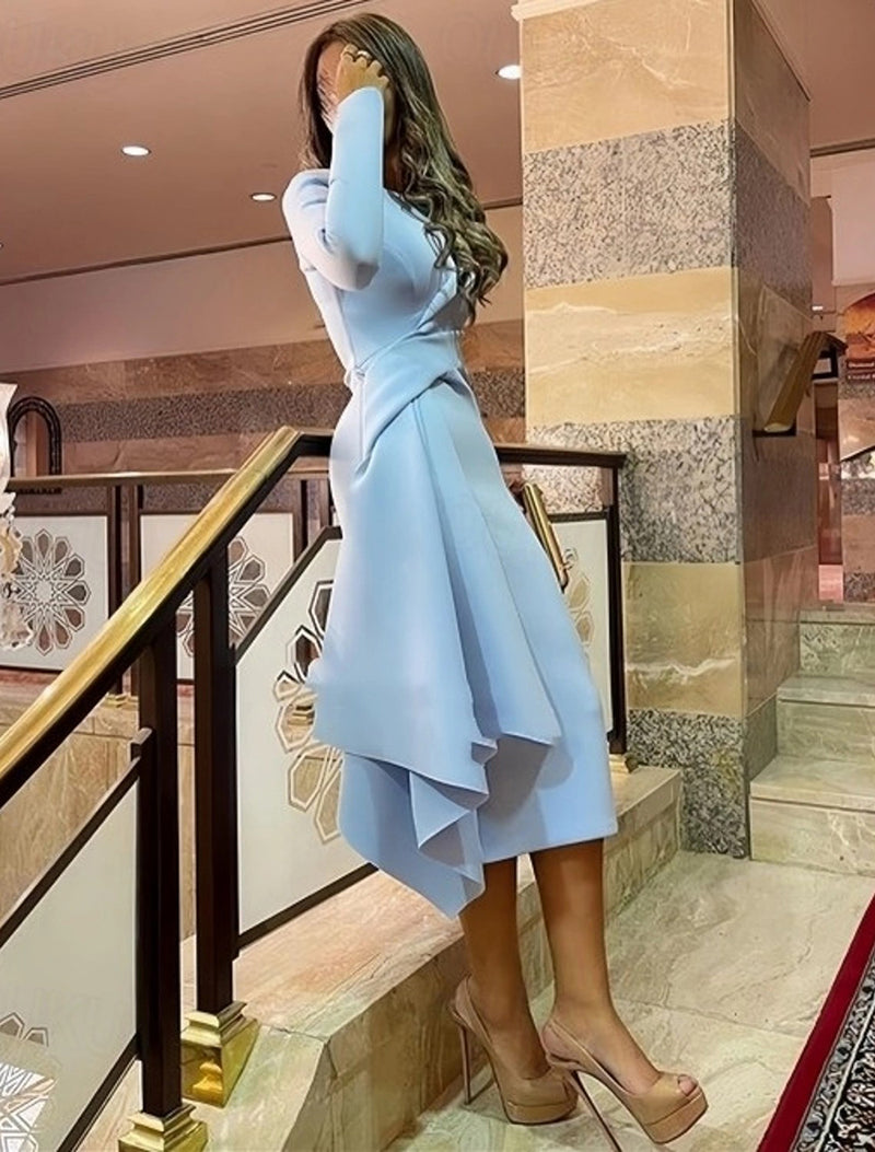 Long Sleeve Formal Dress Asymmetrical Draped Midi Prom Dress Office Cocktail Dress Ms2505085