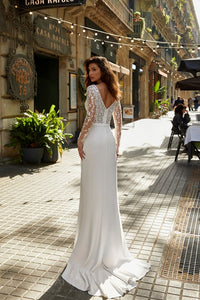 Luxury Long Sleeve Lace Wedding Dress Slit V Neck Sheath Bridal Gown Ms2603013