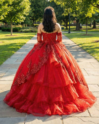 Red Quinceanera Dress Sweetheart Glitter Tulle Tiered Long Sleeve Sweet 16 Parties Dress Ms2605142