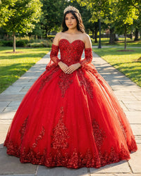 Red Quinceanera Dress Sweetheart Glitter Tulle Tiered Long Sleeve Sweet 16 Parties Dress Ms2605142