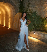 Sexy Deep V Halter Long Prom Dress Ruched Waist Flowing Formal Evening Gown Ms26041441