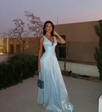 Sexy Deep V Halter Long Prom Dress Ruched Waist Flowing Formal Evening Gown Ms26041441