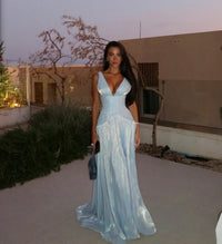 Sexy Deep V Halter Long Prom Dress Ruched Waist Flowing Formal Evening Gown Ms26041441