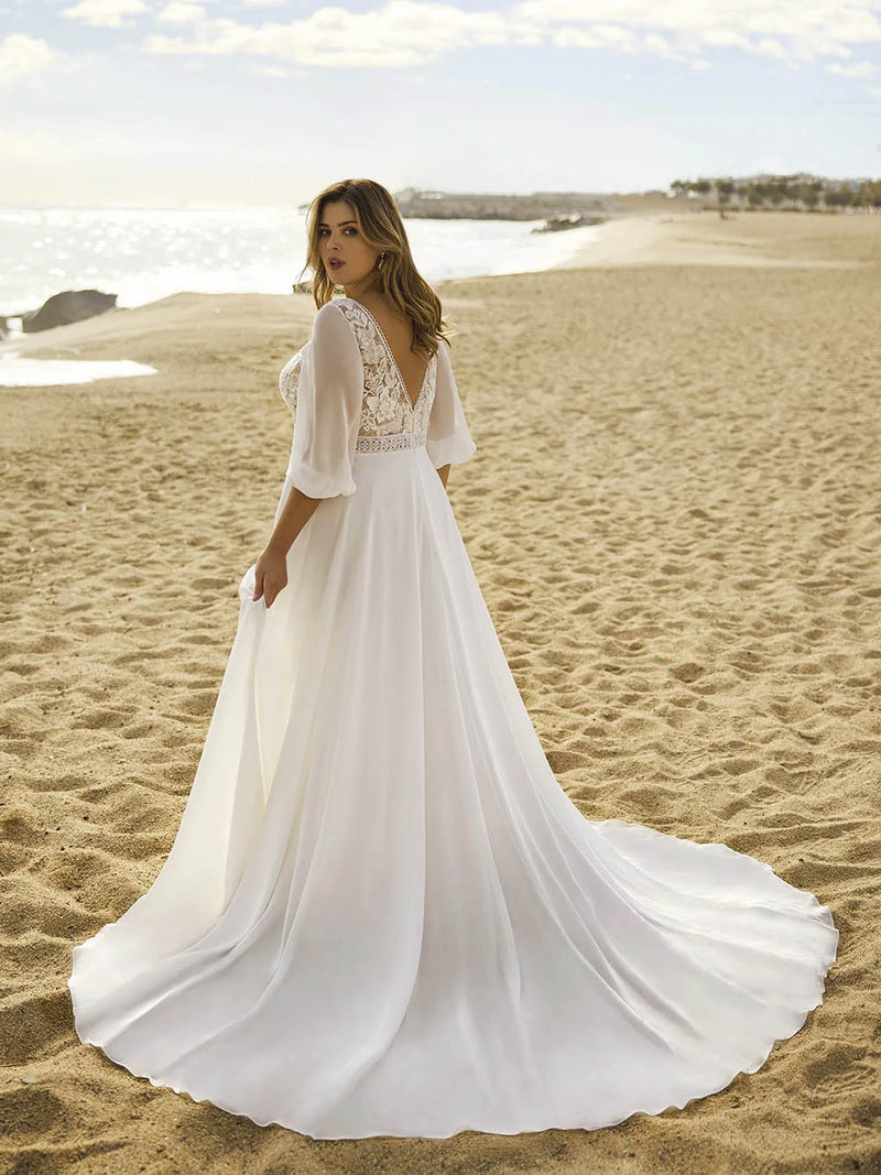 Lace V Neck Wedding Dress Long Sleeves High Slit Bridal Gown for Beach Wedding Ms2601015