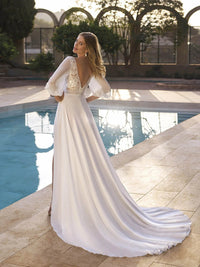 Langärmelige Brautkleider für die Braut, Brautkleider mit V-Ausschnitt, Spitzentüll, Brautkleider für Frauen mit Schleppe