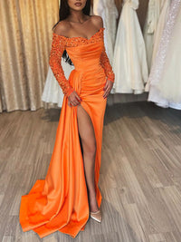 Sequin Long Sleeve Prom Dress Off Shoulder Satin Slit Party Gown Mermaid Evening Dress Ms205111
