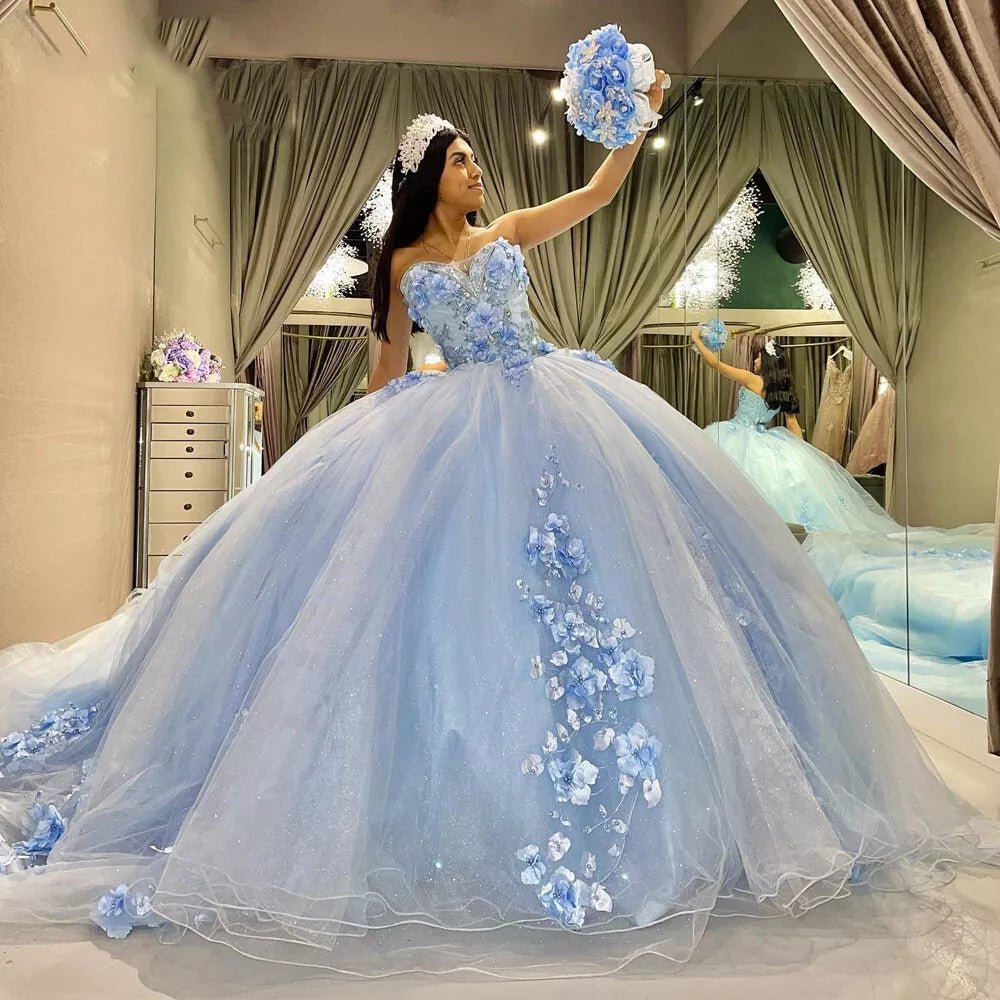 Sky Blue Quinceanera Dress Strapless Floral Ball Gown Princess Tulle Birthday Dress Ms2605204