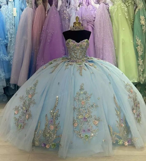 Sage Green Quinceanera Dress Strapless Floral Applique Tulle Ball Gown Birthday Events Dress Ms2605141