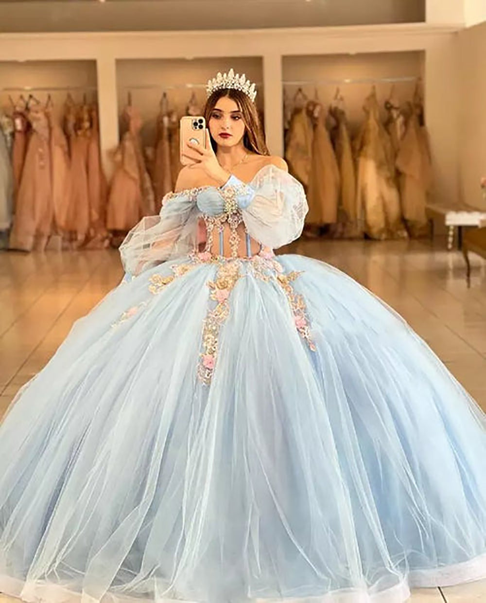 Sky Blue Quinceanera Dress Off Shoulder Puffy Sleeve Ball Gown 3D Floral Prom Dress Ms2605164