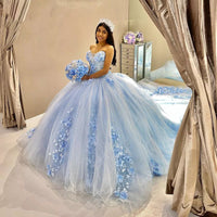 Sky Blue Quinceanera Dress Strapless Floral Ball Gown Princess Tulle Birthday Dress Ms2605204
