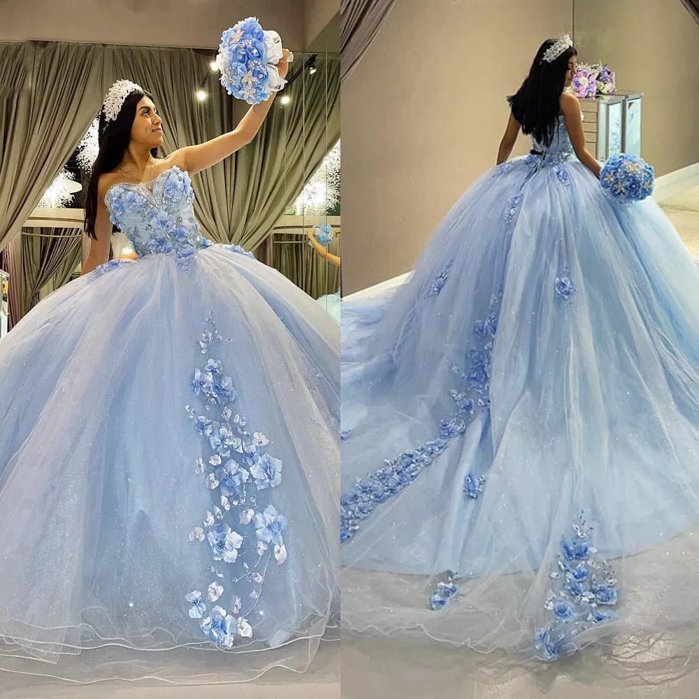 Sky Blue Quinceanera Dress Strapless Floral Ball Gown Princess Tulle Birthday Dress Ms2605204