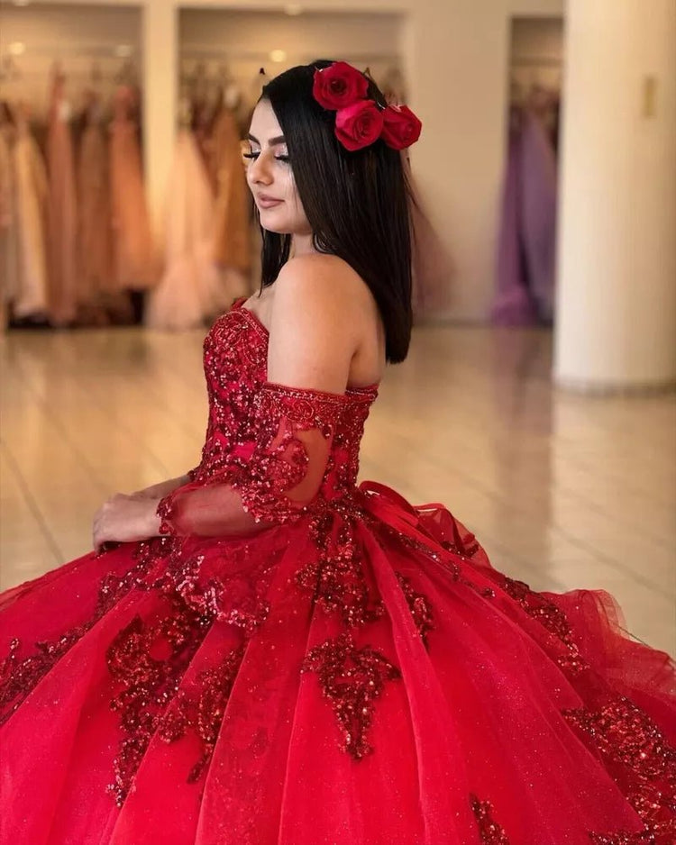 Red Quinceanera Dress Sweetheart Glitter Tulle Tiered Long Sleeve Sweet 16 Parties Dress Ms2605142