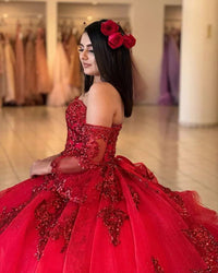 Red Quinceanera Dress Sweetheart Glitter Tulle Tiered Long Sleeve Sweet 16 Parties Dress Ms2605142