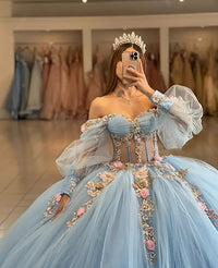Sky Blue Quinceanera Dress Off Shoulder Puffy Sleeve Ball Gown 3D Floral Prom Dress Ms2605164