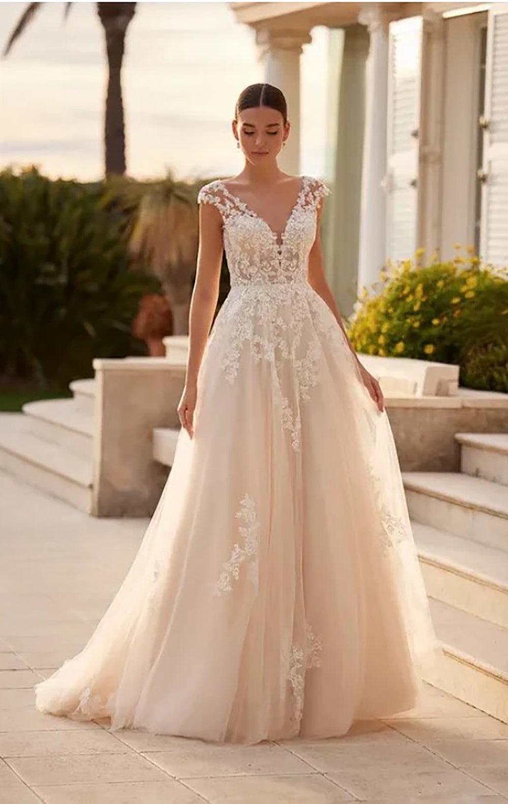 Lace A-Line Wedding Dress 2025 Romantic Illusion Back Bridal Gown with Cap Sleeves Ms205201