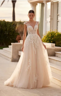 Lace A-Line Wedding Dress 2025 Romantic Illusion Back Bridal Gown with Cap Sleeves Ms205201