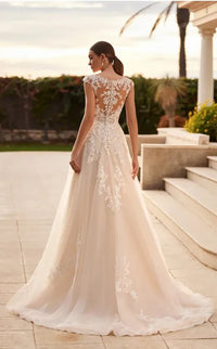 Lace A-Line Wedding Dress 2025 Romantic Illusion Back Bridal Gown with Cap Sleeves Ms205201