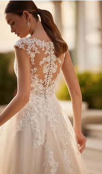 Lace A-Line Wedding Dress 2025 Romantic Illusion Back Bridal Gown with Cap Sleeves Ms205201