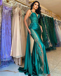 Sexy Illusion Lace Appliques Mermaid Sparkly Satin Prom Dresses #Ms2512242