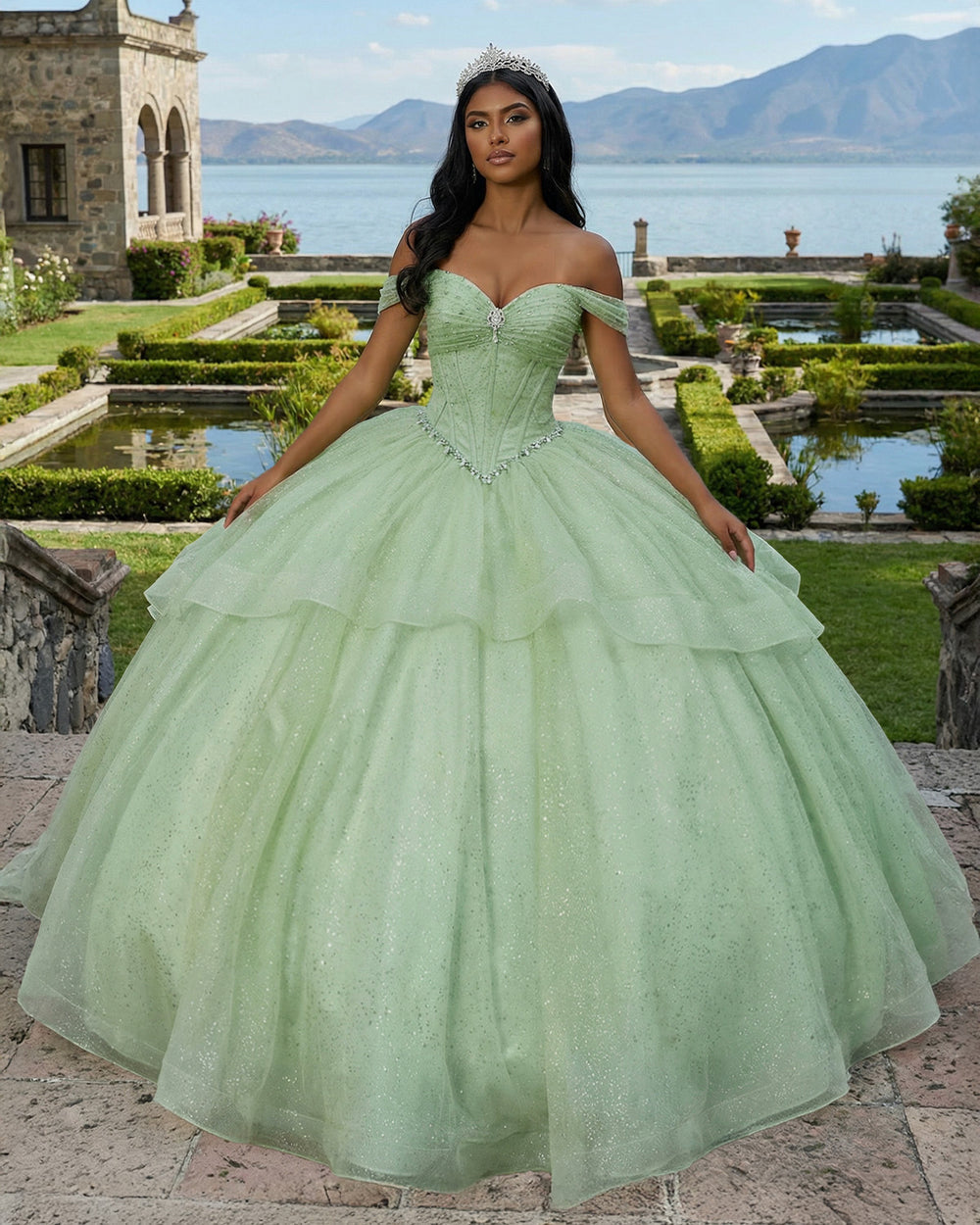 Sage Green Quinceanera Dress Off Shoulder Glitter Sequins Birthday Dre – Msikoods Official Store