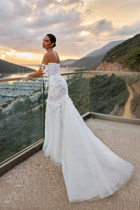 Vestido de novia con apliques de encaje romántico, escote off shoulder, tul en línea A, vestidos de novia Ms2503262