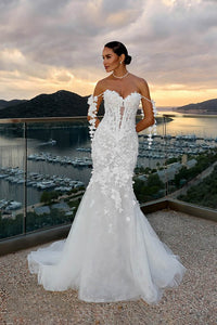 Vestido de novia con apliques de encaje romántico, escote off shoulder, tul en línea A, vestidos de novia Ms2503262