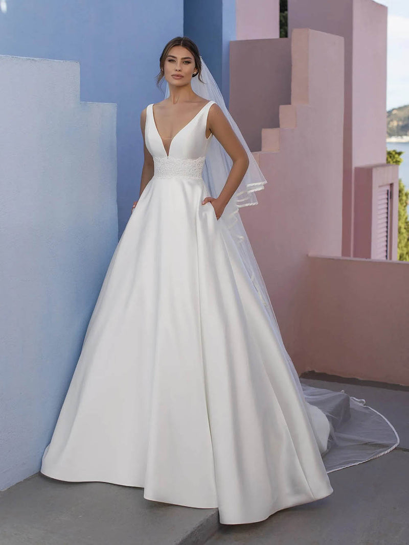 Simple V Neck Satin Wedding Dress with Lace A Line Bridal Dress Ms2601016