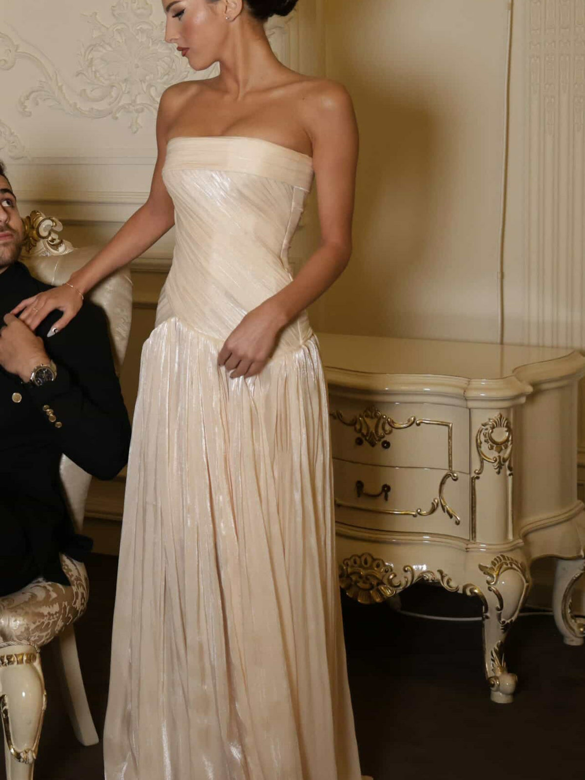 Champagne Strapless Pleated Shiny Evening Dresses Women's Long Prom Dress Ms2604171