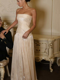 Champagne Strapless Pleated Shiny Evening Dresses Women's Long Prom Dress Ms2604171