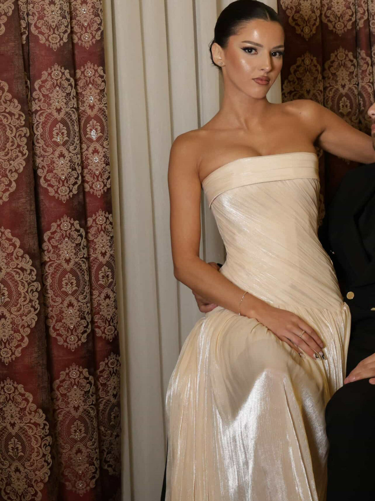 Champagne Strapless Pleated Shiny Evening Dresses Women's Long Prom Dress Ms2604171