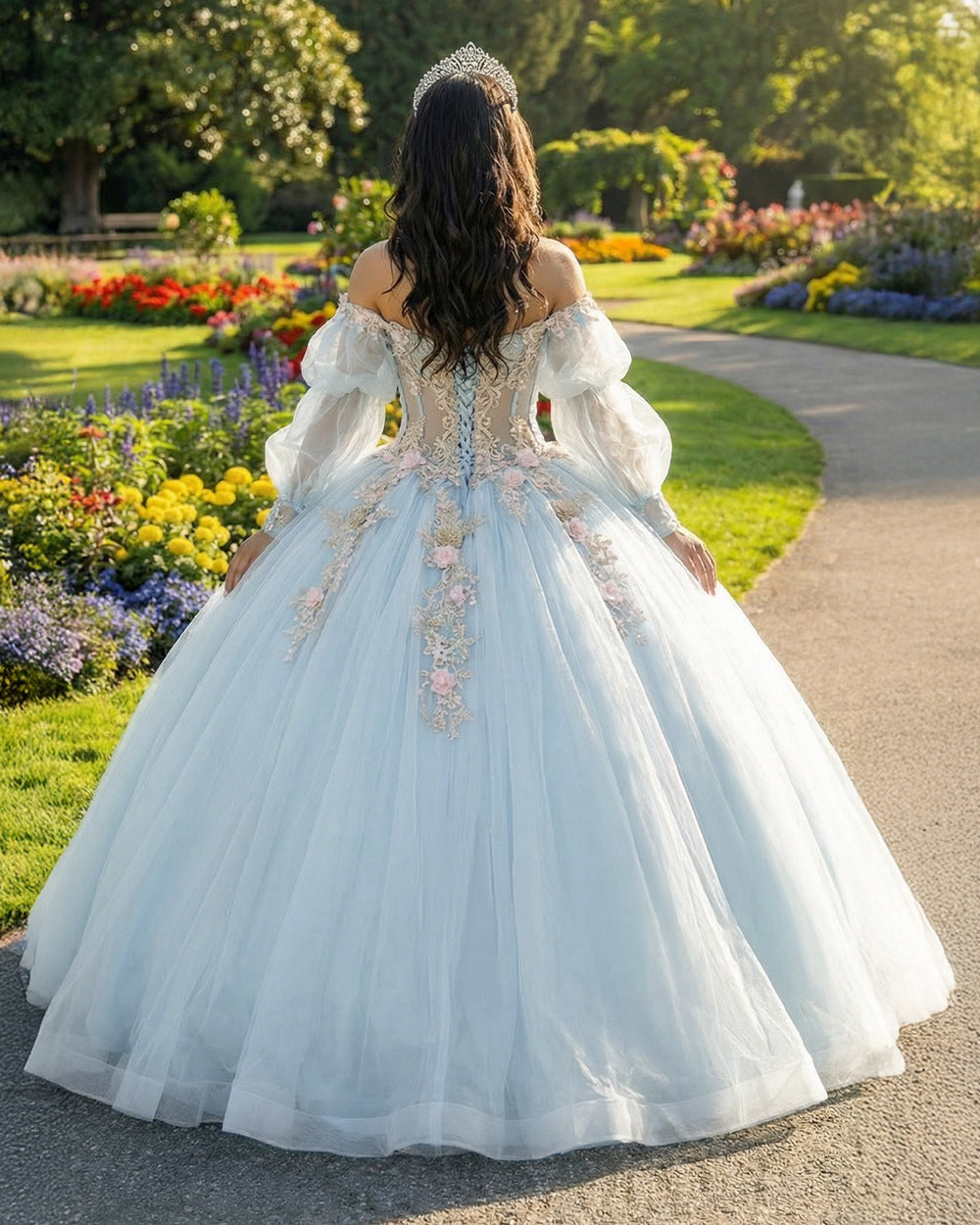 Sky Blue Quinceanera Dress Off Shoulder Puffy Sleeve Ball Gown 3D Flor –  Msikoods Official Store