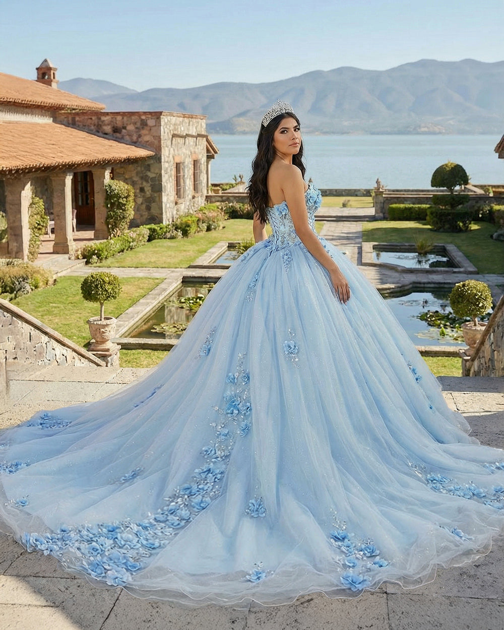 Sky Blue Quinceanera Dress Strapless Floral Ball Gown Princess Tulle Birthday Dress Ms2605204