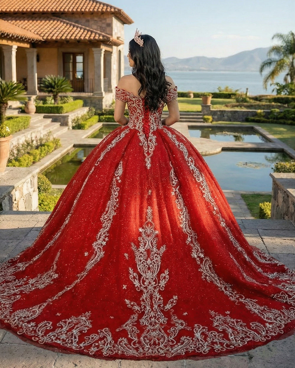 Red Quinceanera Dress Off Shoulder Glitter Ball Gown Beaded Lace Appliques Prom Dress Ms2605161