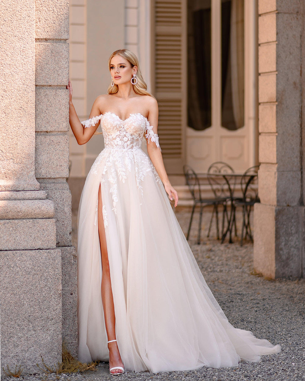 Off Shoulder Sweetheart Civil Wedding Dress High Slit Tulle A-Line Bridal Gown Ms2505223