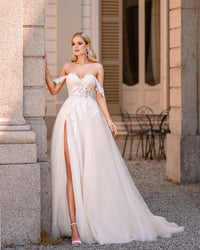 Off Shoulder Sweetheart Civil Wedding Dress High Slit Tulle A-Line Bridal Gown Ms2505223