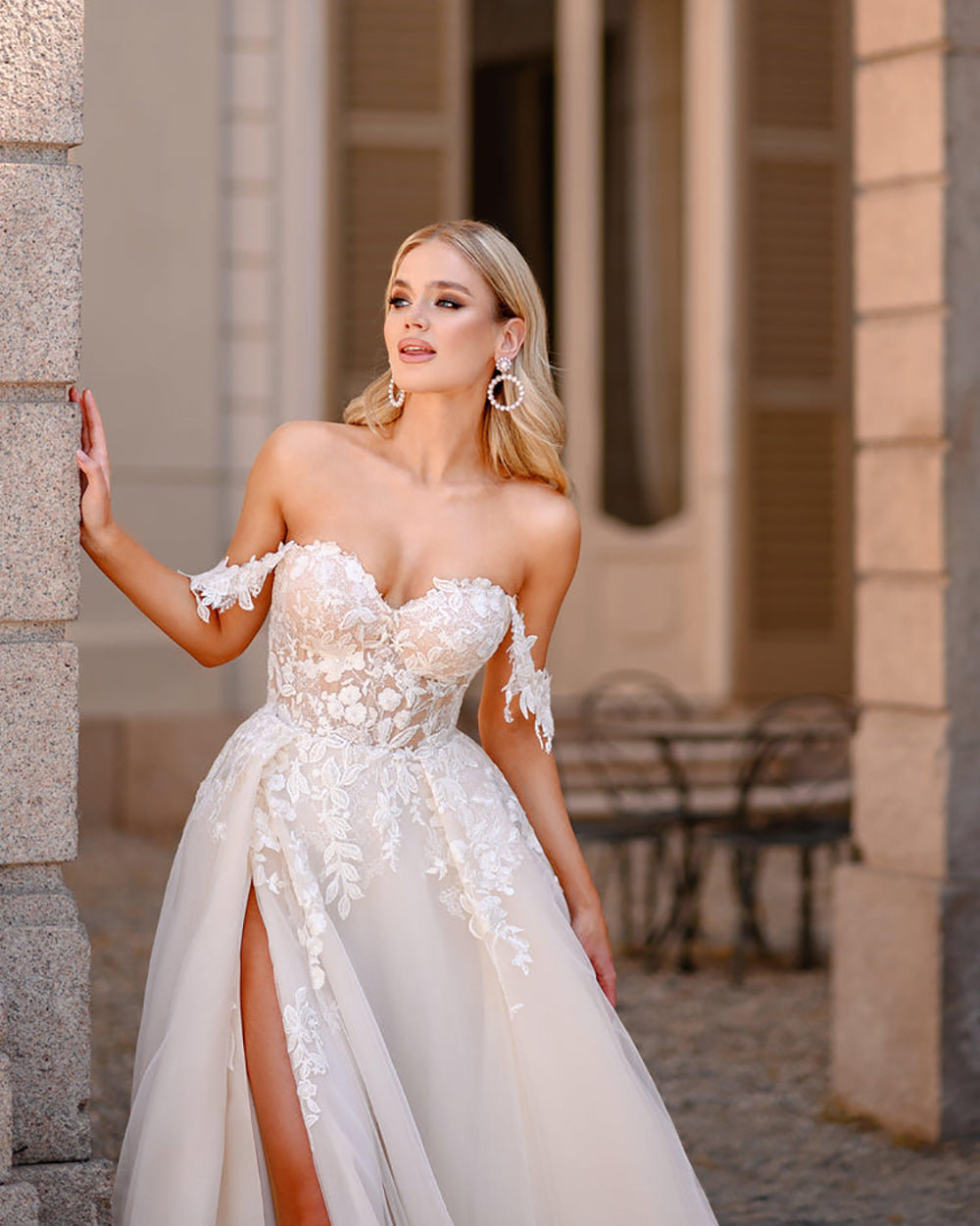 Off Shoulder Sweetheart Civil Wedding Dress High Slit Tulle A-Line Bridal Gown Ms2505223