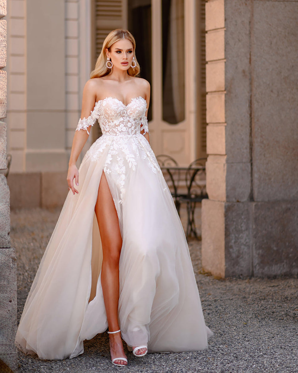 Off Shoulder Sweetheart Civil Wedding Dress High Slit Tulle A-Line Bridal Gown Ms2505223