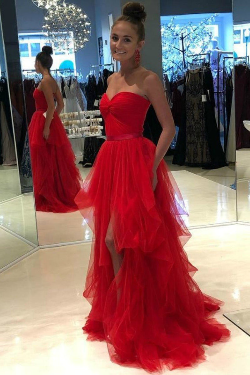 Red Prom Dress Sweetheart Tulle High Slit Evening Gown Ruffle Tiered Formal Party Dress Ms2607241