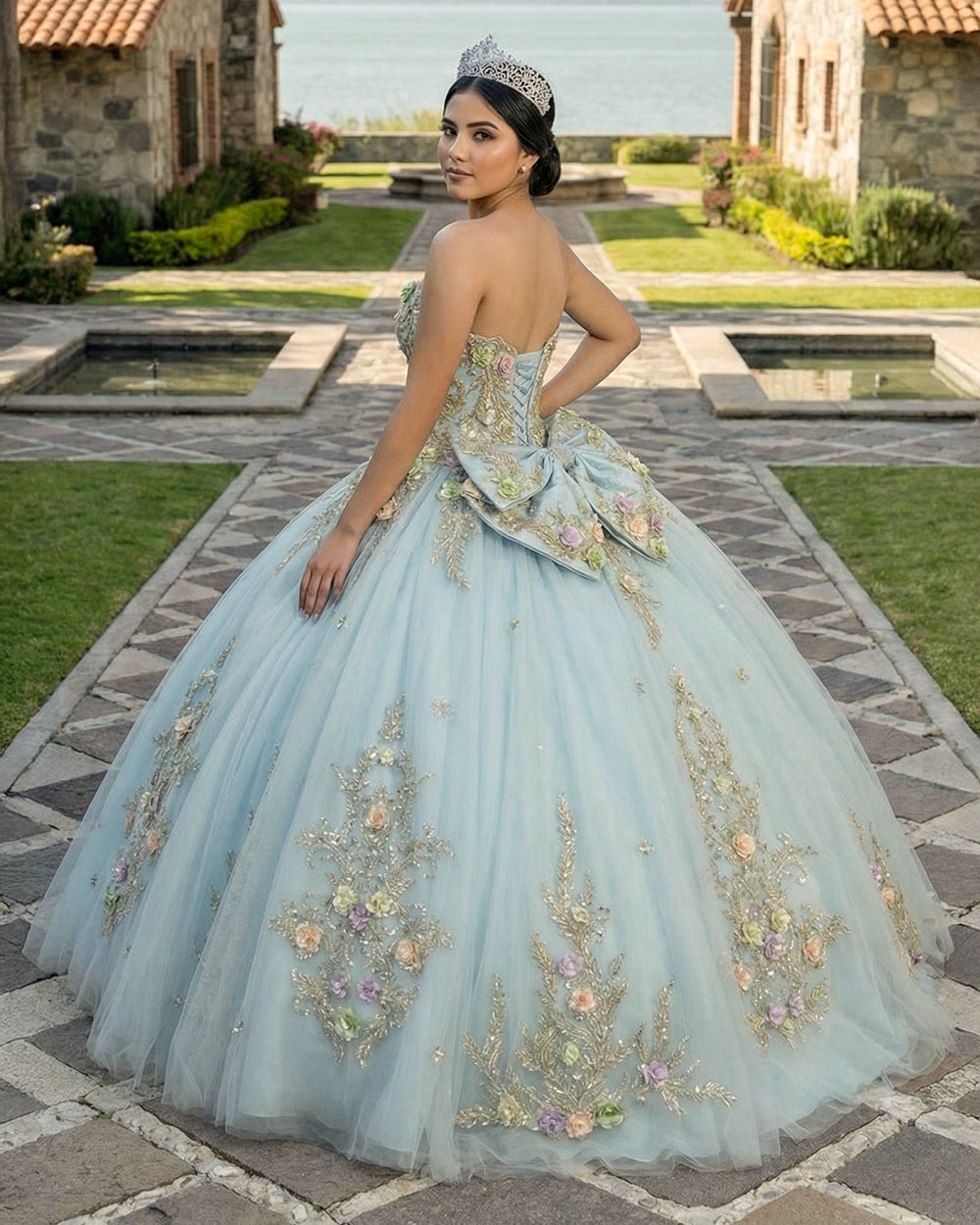 Sage Green Quinceanera Dress Strapless Floral Applique Tulle Ball Gown –  Msikoods Official Store