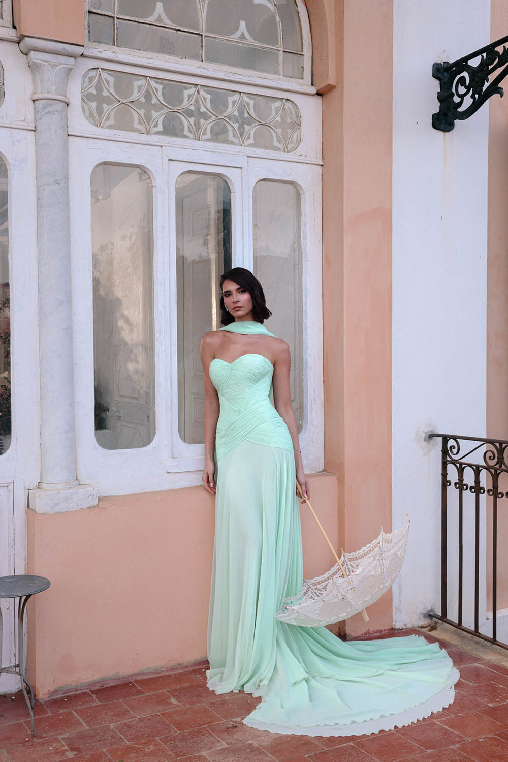 Mint Green Prom Dress Strapless Ruched Chiffon A Line Evening Dress With Scarf Ms2609045
