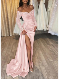 Sequin Long Sleeve Prom Dress Off Shoulder Satin Slit Party Gown Mermaid Evening Dress Ms205111