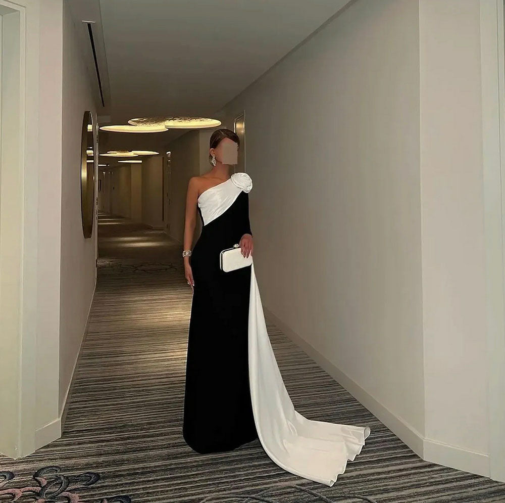 Black and White One Shoulder Evening Dress Flower Long Drape Prom Dres Msikoods Official Store Black and White One Shoulder Evening Dress Flower Long Drape Prom Dres Msikoods Official Store