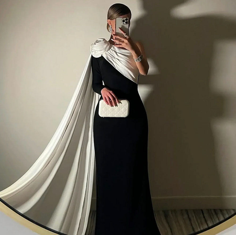 Black and White One Shoulder Evening Dress Flower Long Drape Prom Dres Msikoods Official Store Black and White One Shoulder Evening Dress Flower Long Drape Prom Dres Msikoods Official Store