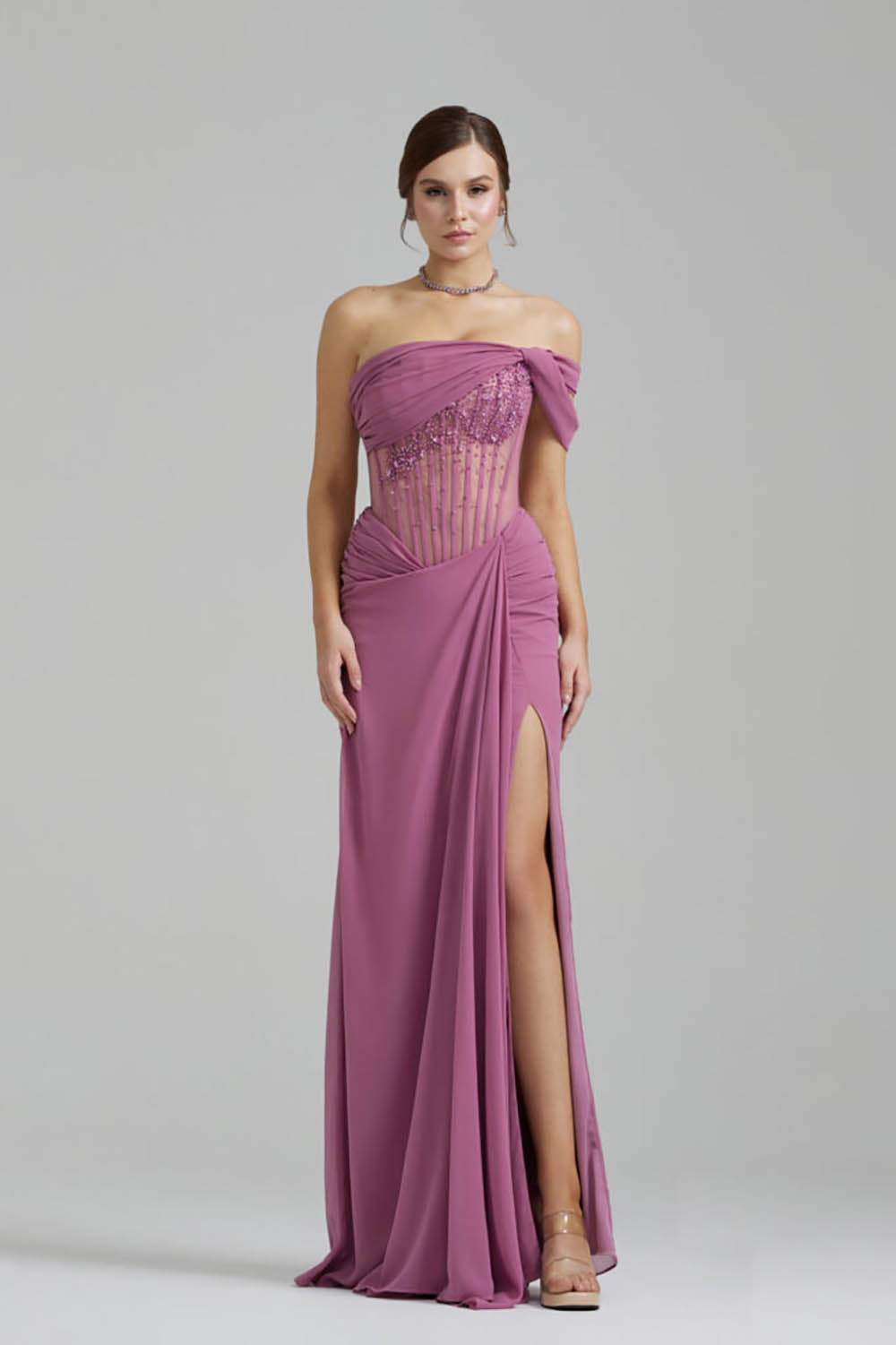 One Shoulder Prom Dress Beaded Corset Ruched High Slit Evening Dress Formal Gown Ms2609046